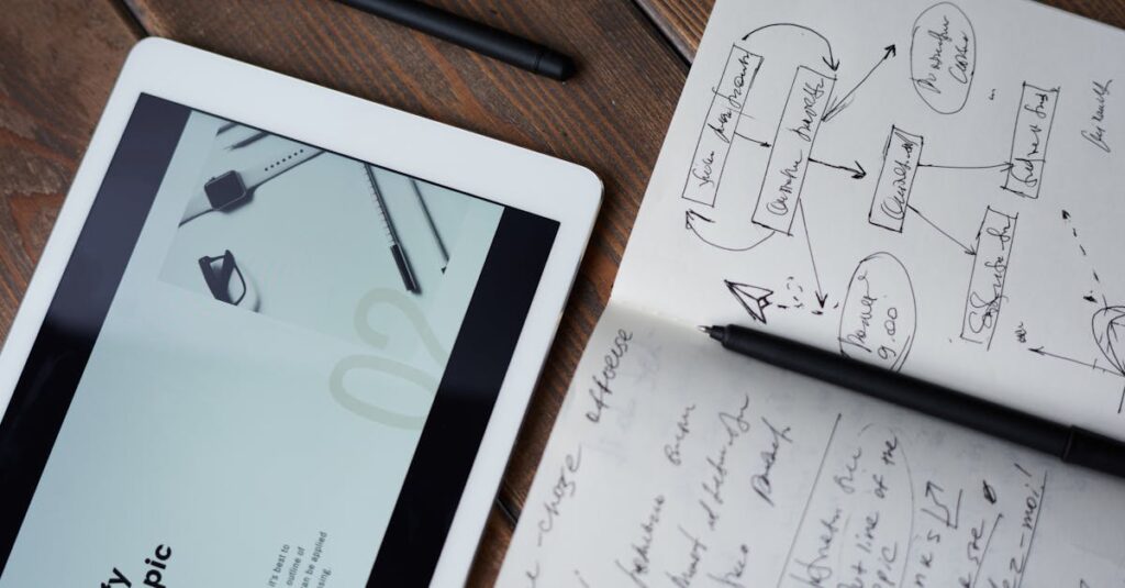 Digital and handwritten brainstorming tools on a wooden desk, ideal for business and study contexts.